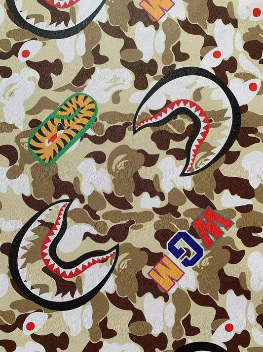Tianchao New Camouflage Color Bape Shark Teeth WGM Design Custom Leather Fabric For Bags Leather Shoes Custom Leather By Yard