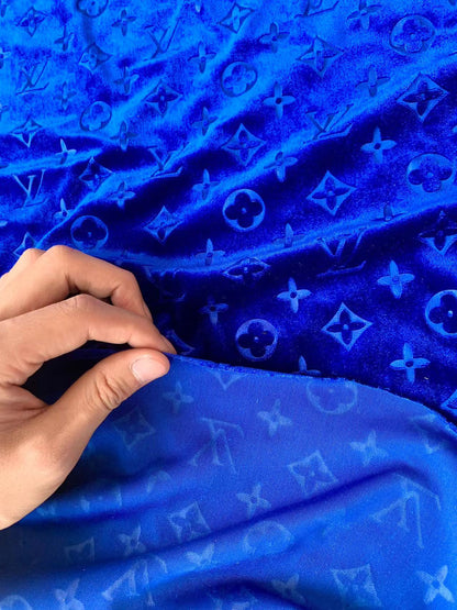 Popular Luxury LV Knitting Velvet Fabric For Handmade Sneaker,Car Upholstery and Apparel By Yard(Navy Blue)