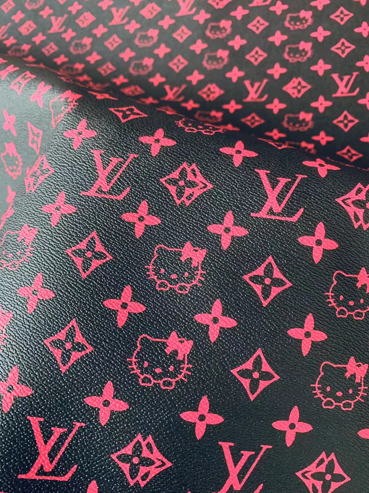 Fashion Black With Pink LV Hello Kitty Vinyl Leather For Bag ,Shoes ,Handicraft Upholstery By Yards