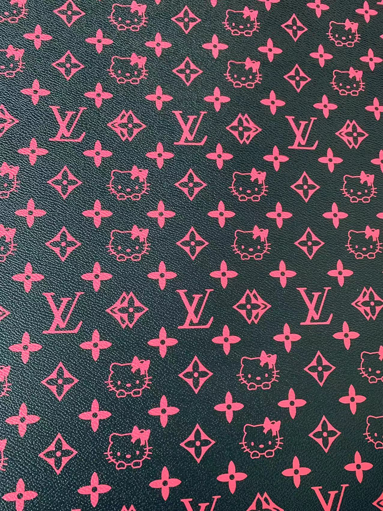 Fashion Black With Pink LV Hello Kitty Vinyl Leather For Bag ,Shoes ,Handicraft Upholstery By Yards