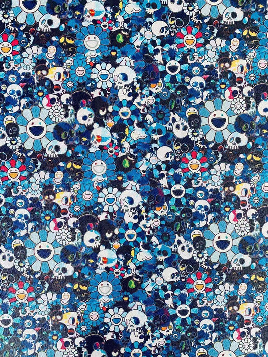 Takashi Murakami Leather Fabric ,Smile Face Flower Leather Hand-made Shoes Leather ,Hand-made Bag Leather By Yard ( Blue )