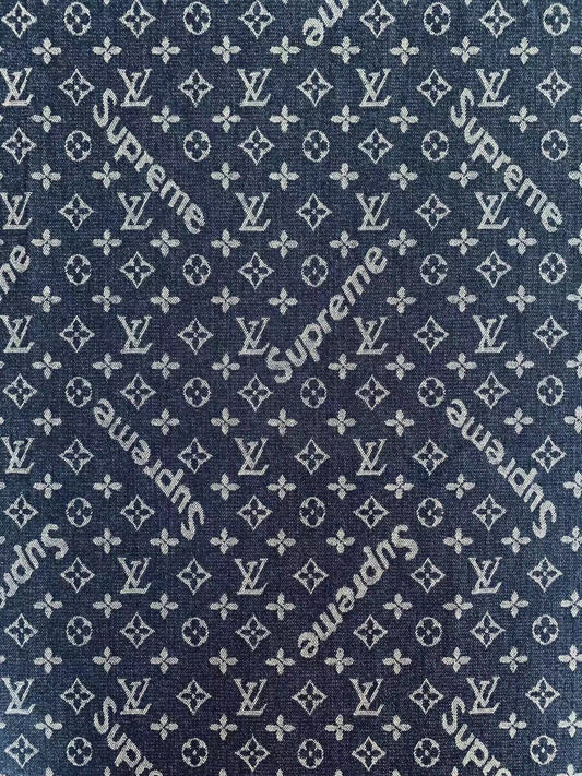 Classic LV With Supreme Denim Woven Jacquard fabric , Jean Fabric For Handmade Goods By Yard ( Dark Blue )