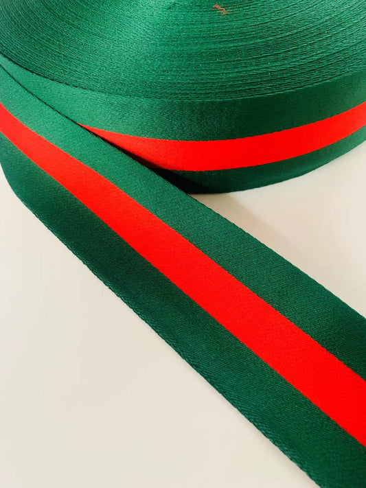 Fashion Gucci 2 inch Strap ,Handmade Striped Ribbon Trim Embroidered For shoes ,Bags ,Handicrafts By Yard (Green with Red )