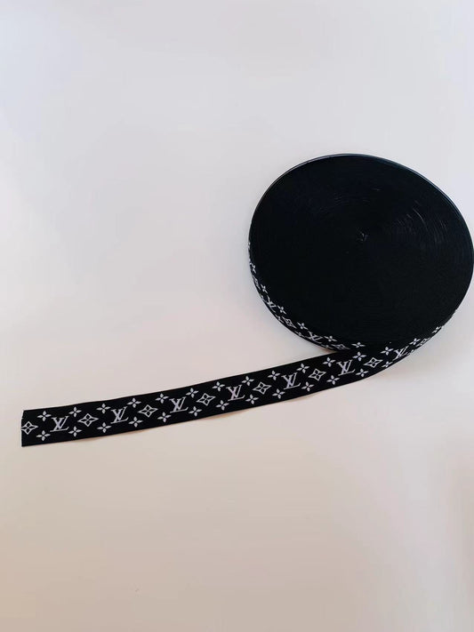 Black With White LV 1.5 inch Elastic Strap ,Handmade Striped Ribbon Trim Embroidered For Handicrafts By Yard