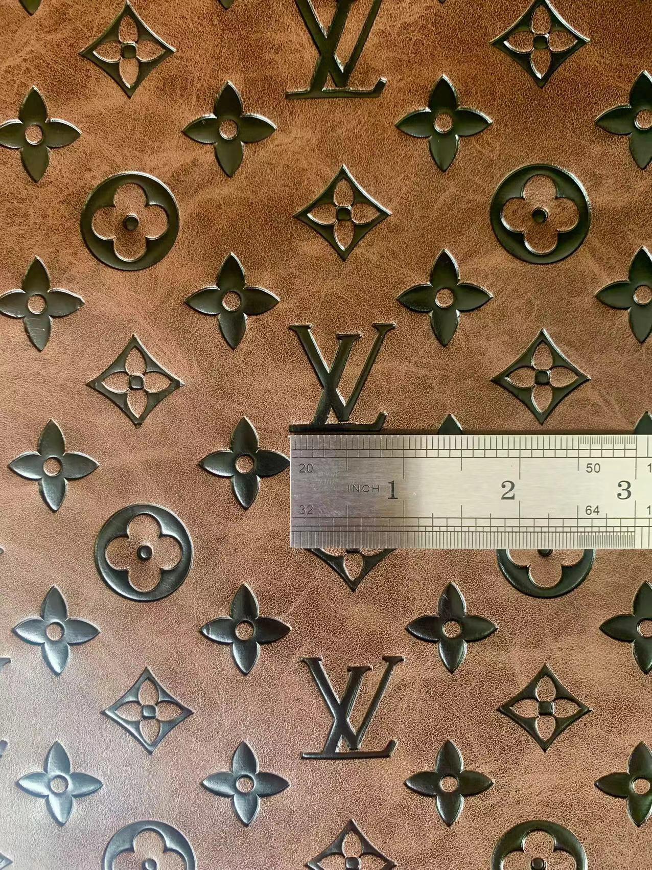 Fashion LV Vantage Embossed Leather Fabric For Handmade Handicrafts，DIY Shoes ,Customized Bags LV Design Leather By Yard (Brown)